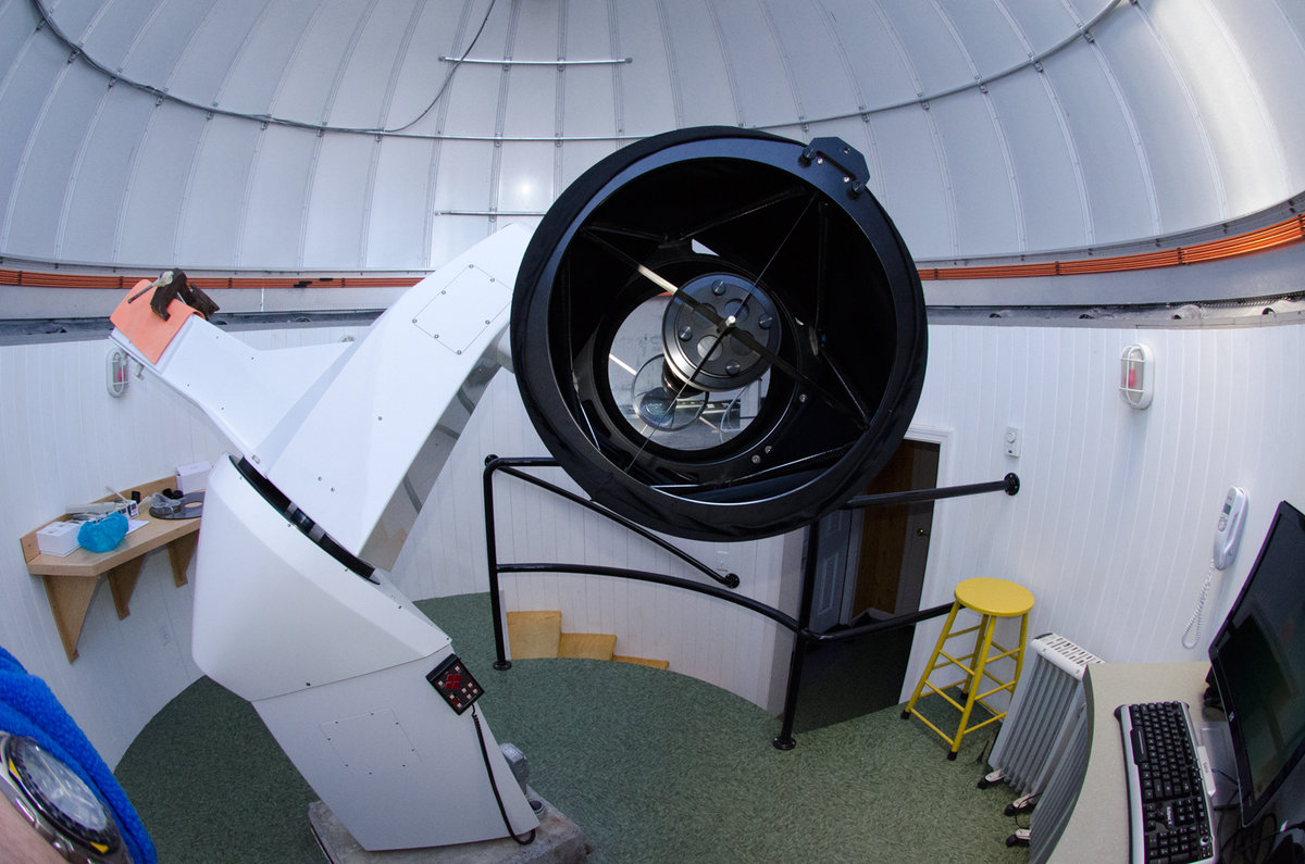 Inside the dome at Northern Skies Observatory (www.nkaf.org)  New mount installed, but a clamp-on vise is serving as a temporary counter-weight.  Photo by John Blackwell