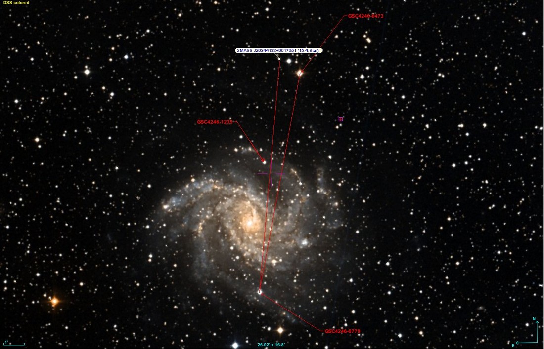 For control purpose, this same region on Aladin. The red line between the small 15.4 star and GSC4246-0779 give a rough position of the slit.