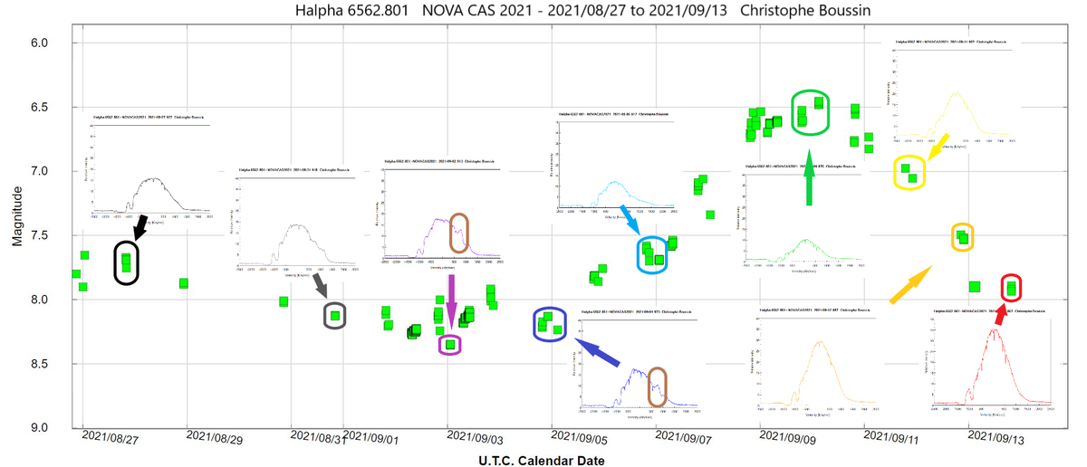 Light curve (AAVSO) and Halpha line profile of the Nova CAS 2021 on August 27th, 31th and on September 2nd, 4th, 6th, 9th, 11th, 12th and 13th 2021